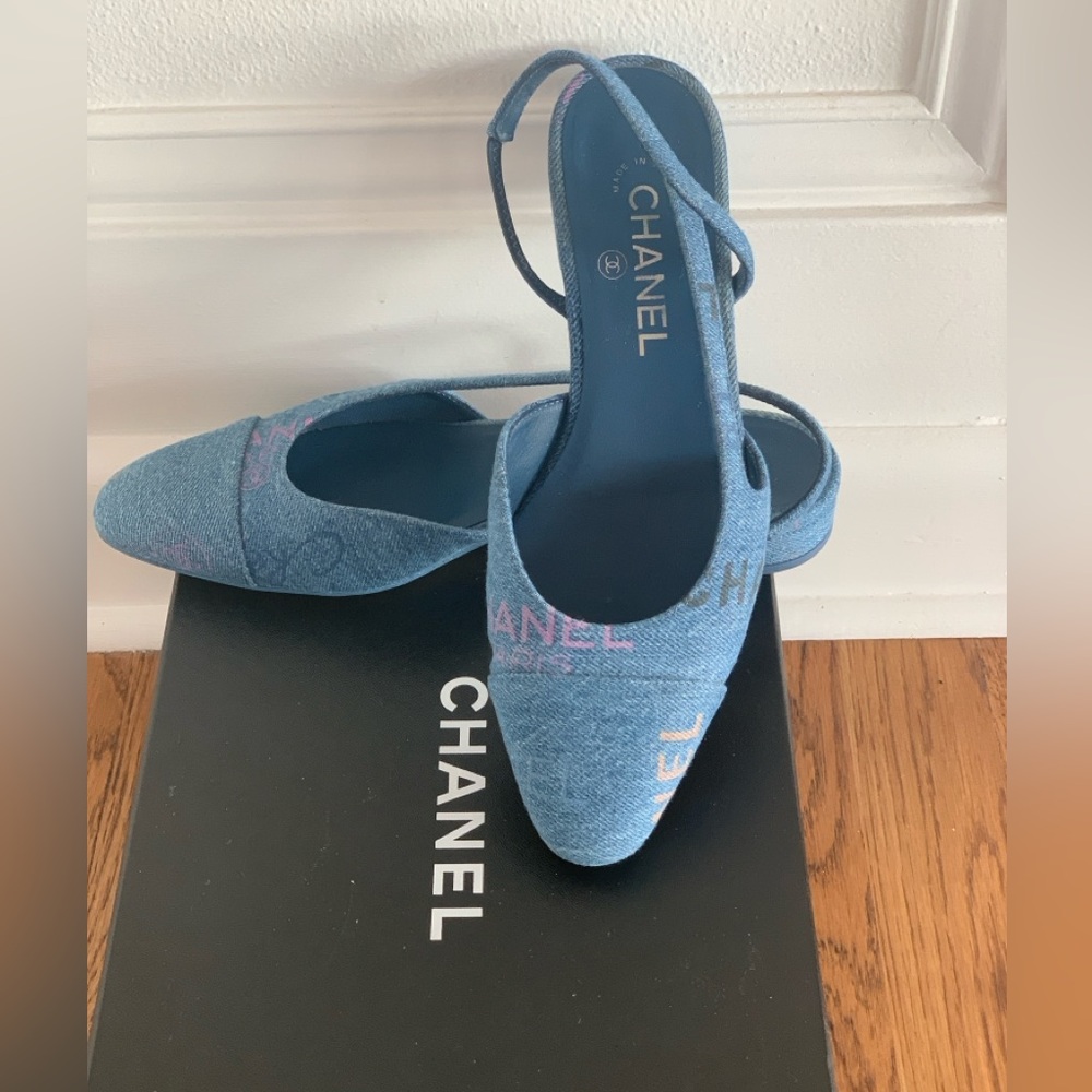 CHANEL Denim Printed Logo slingback flats, size 38
